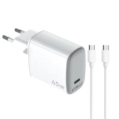 Wall Charger/ Type- C / Celly 65W Wall Charger (with Type-C toType-C Cable) White Wall Charger/ Type- C / Celly 65W Wall Charger (with Type-C toType-C Cable) White