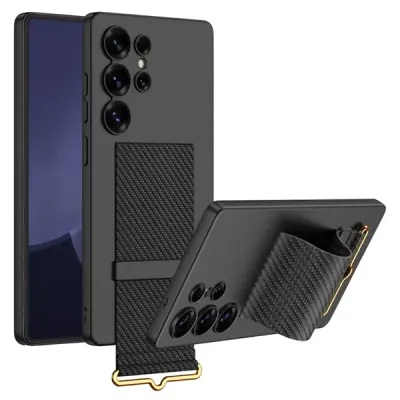 Mobile Phone Case/ GKK For Samsung Galaxy S25 Ultra Case with Strap Kickstand PU+Hard PC Protective Phone Cover - Carbon Fiber Texture