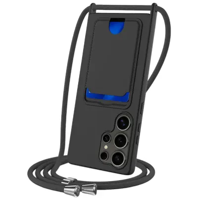 Mobile Phone Case/ For Samsung Galaxy S25 Ultra Case Liquid Silicone Card Holder Back Phone Cover with Lanyard - Black Mobile Phone Case/ For Samsung Galaxy S25 Ultra Case Liquid Silicone Card Holder Back Phone Cover with Lanyard - Black