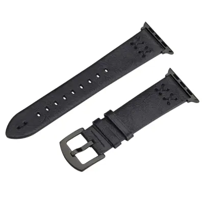 Mobile and Smartphones/ ZTE/ Watch Strap for Apple Watch Series 10 9 8 7 SE 6 5 4 3 2 1 42mm 41mm 40mm 38mm Hand Stitched Lines Genuine Cow Leather Band - Black