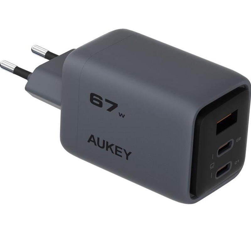 Wall Charger/ AUKEY PA-C3 charger with 67W total power, three 2C/1A ports, global fast charging protocol, EU plug, dark gray